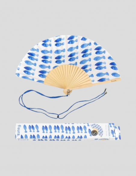 Abanico Blanco con Estampado de Peces Azules
